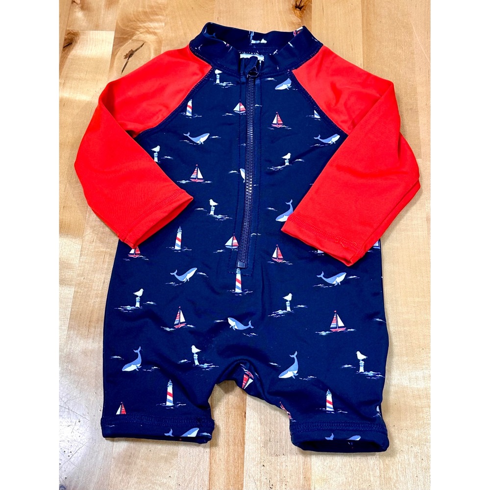 Janie and Jack Rash Guard Baby 0-3M Navy Blue Red Excellent Nautical Whale Swim
